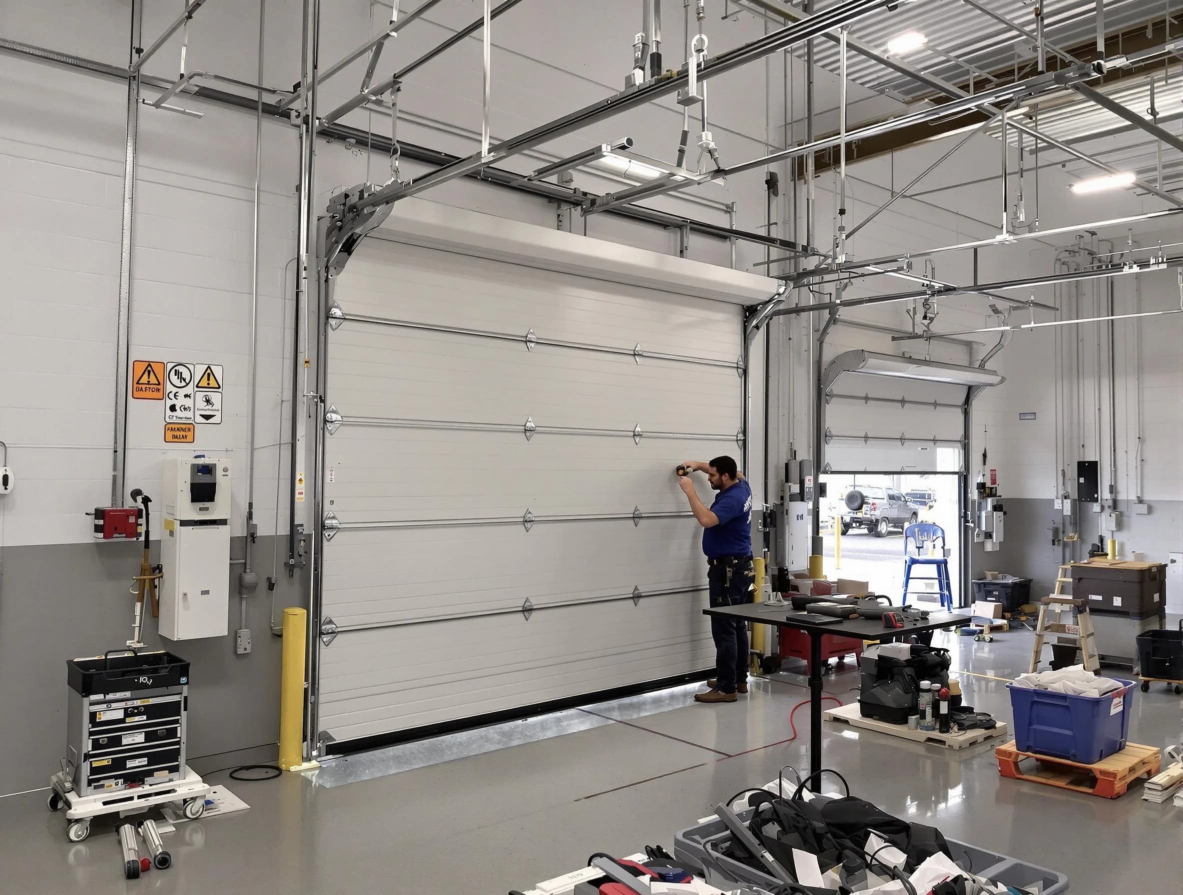 Commercial garage door repair being performed by Brookline Garage Door Repair expert in Brookline
