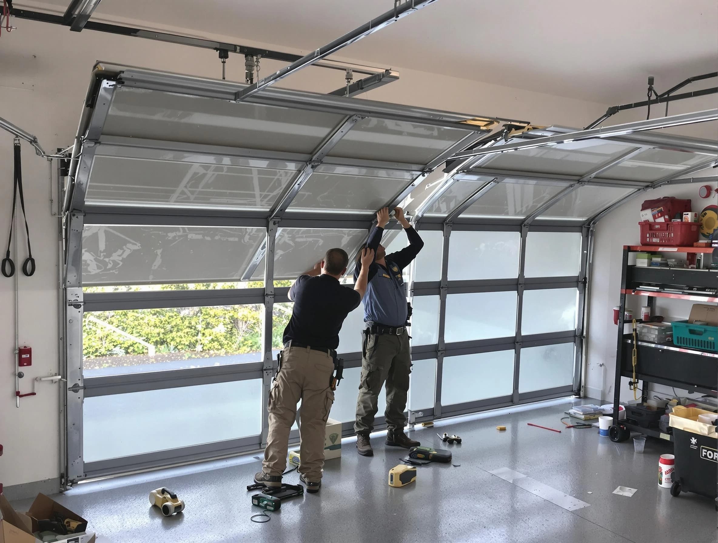 Brookline Garage Door Repair expert performing precise panel replacement on Brookline garage door