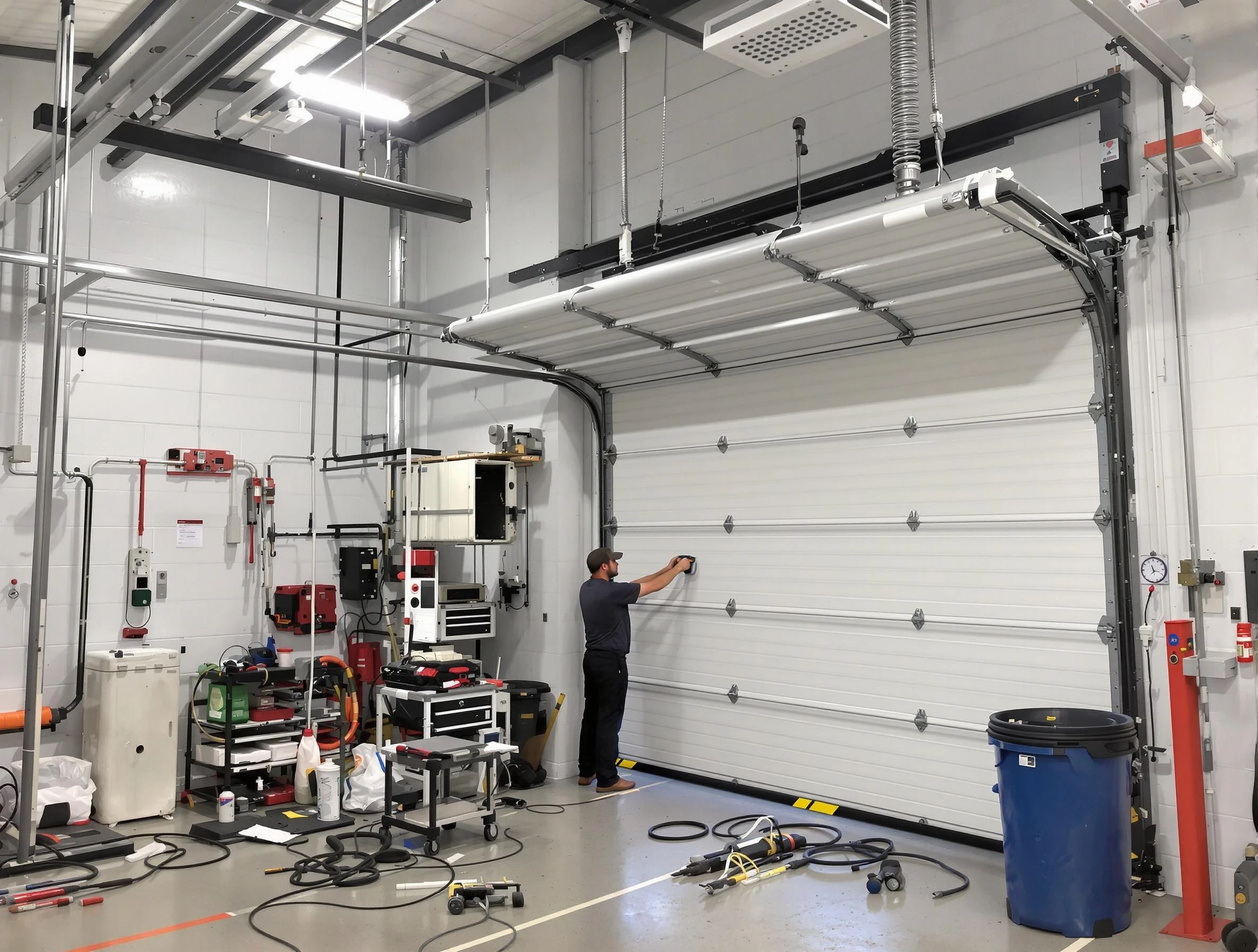 Brookline Garage Door Repair certified technician performing commercial door repair at a Brookline business facility