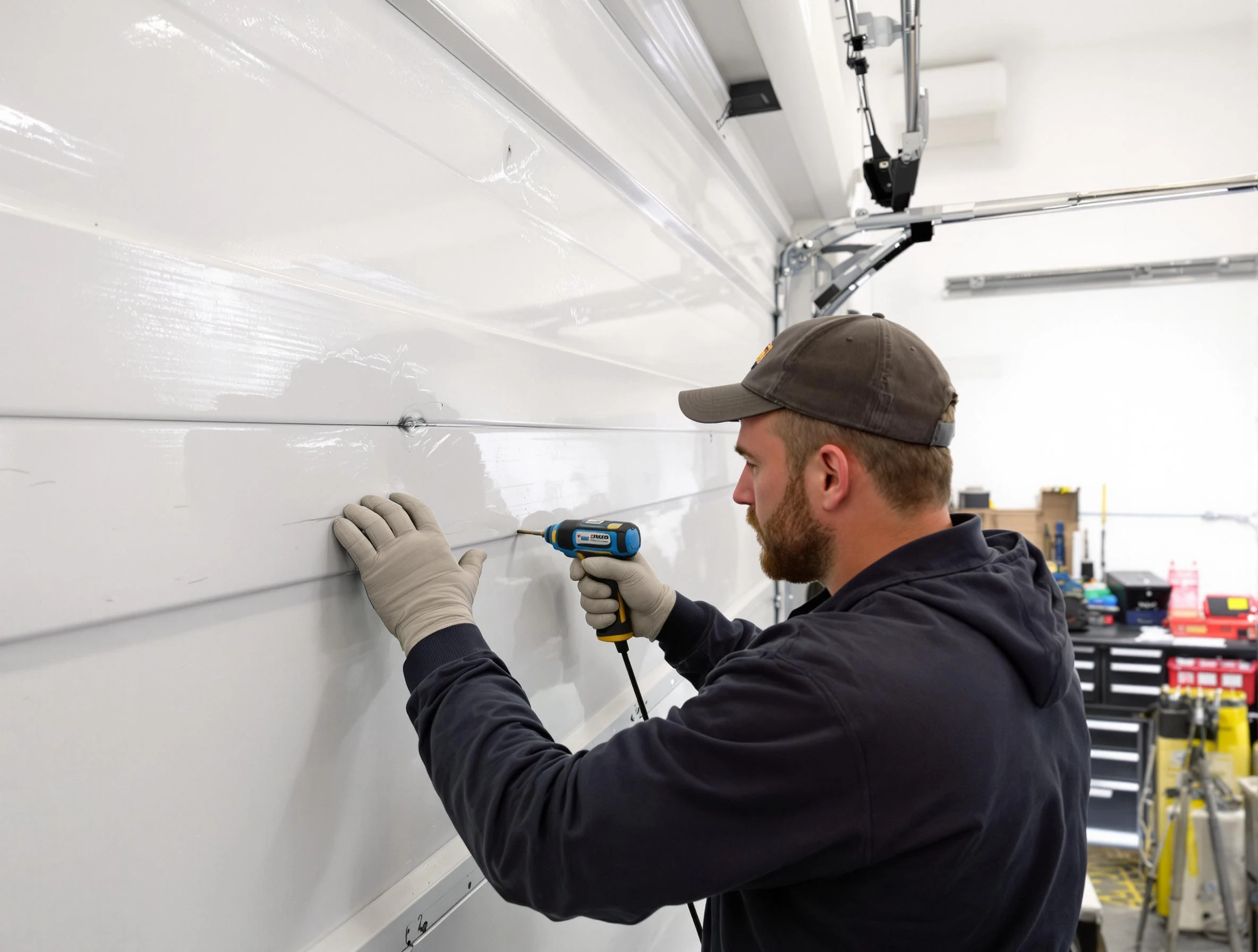 Brookline Garage Door Repair technician demonstrating precision dent removal techniques on a Brookline garage door