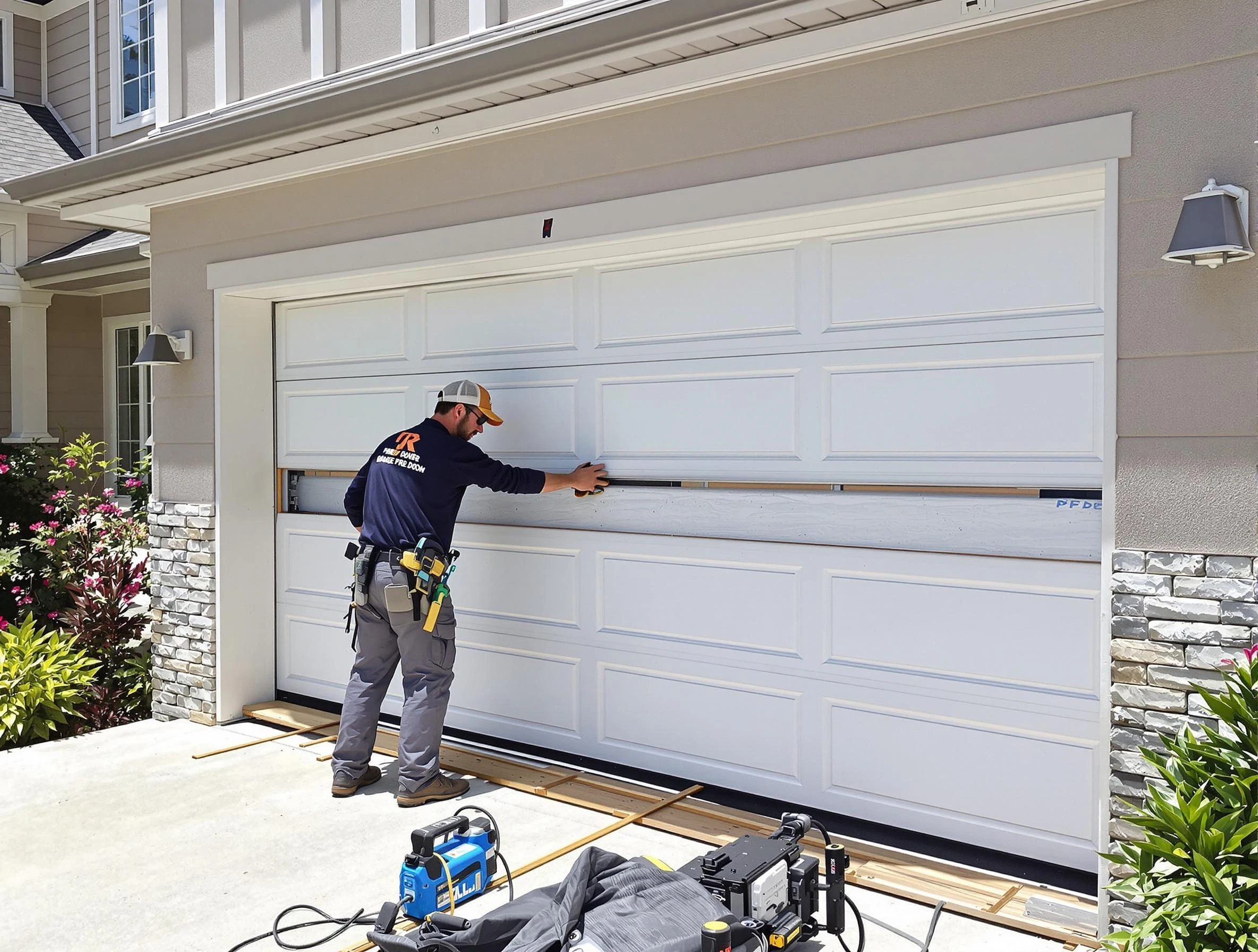 Brookline Garage Door Repair team performing complete garage door replacement at Brookline residence