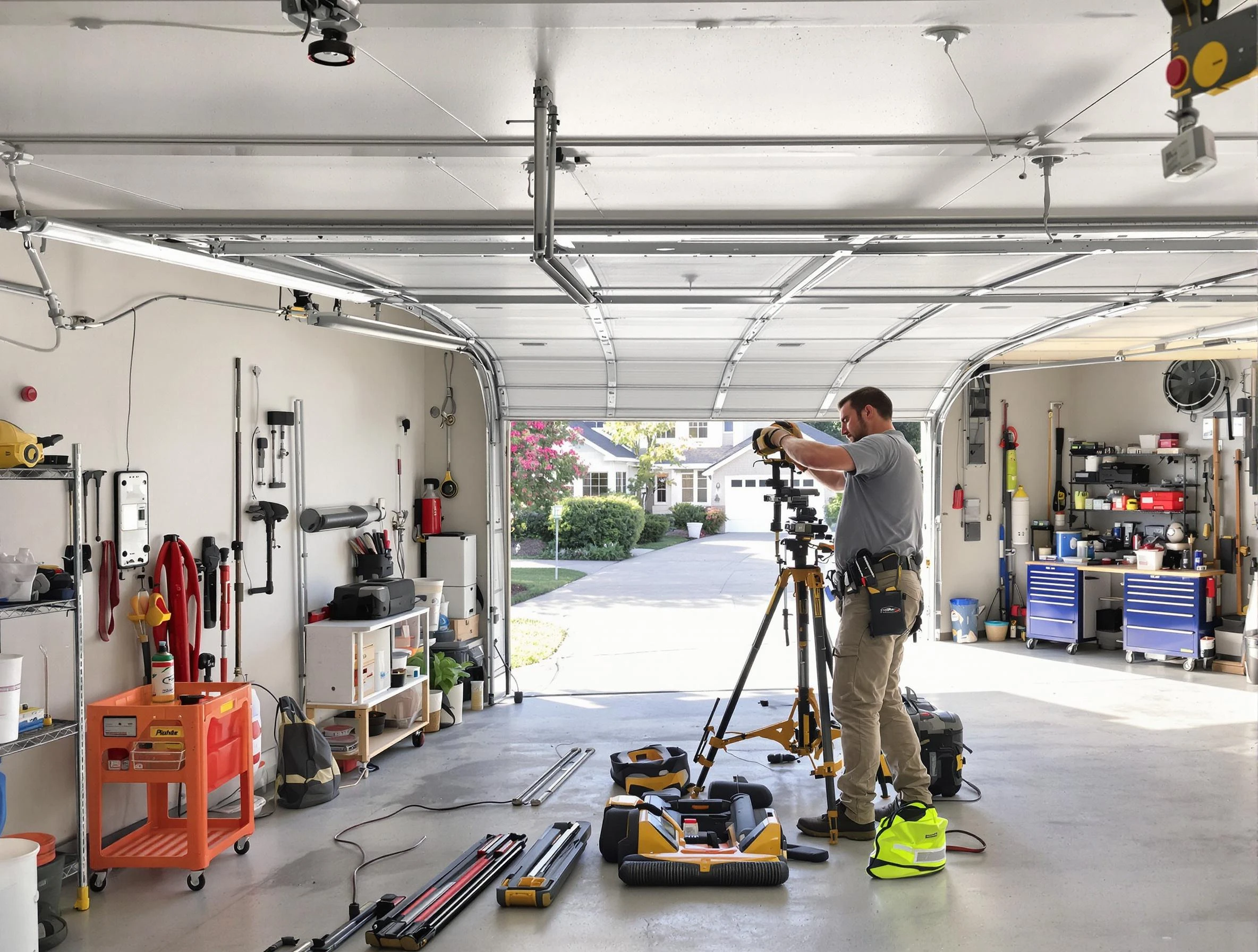 Brookline Garage Door Repair specialist performing laser-guided track alignment in Brookline